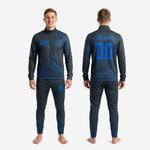 Mens custom tracksuit set in Graphite and Royal Blue front and back view showing chest logo number and back roster print zones