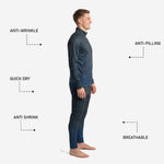 Mens custom tracksuit set in Graphite and Royal Blue side view with anti-wrinkle quick-dry anti-pilling breathable fabric callouts