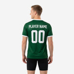 Close detail of Forest Green mens custom training jersey showing white sublimated V-neck collar and cuff trim