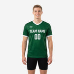 Mens custom training jersey in Forest Green with white V-neck collar and topographic sublimated pattern, front view