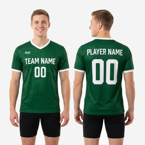 Full body flat lay of Forest Green mens custom training jersey showing edge to edge sublimation print
