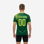 Mens custom training jersey in Forest Green and Neon Green, back view showing player number and surname print zones with dot-burst shoulder graphic