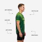 Close-up of Neon Green V-neck collar trim on Forest Green mens custom training jersey with sublimated dot-burst detail