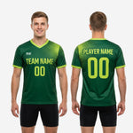 Close-up of Neon Green sleeve cuff trim on Forest Green mens custom training jersey showing full-dye sublimation color retention