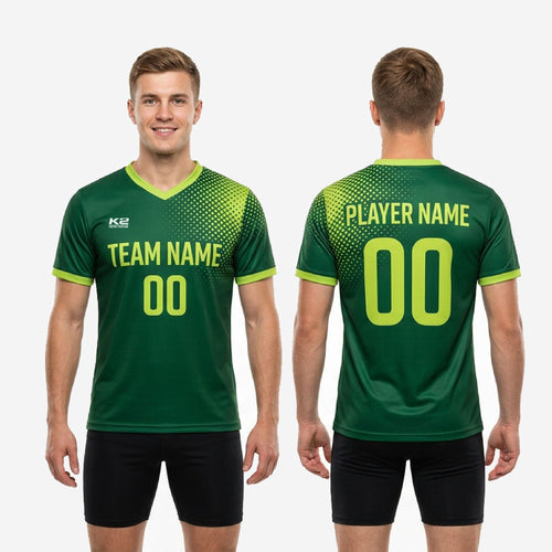 Close-up of Neon Green sleeve cuff trim on Forest Green mens custom training jersey showing full-dye sublimation color retention