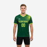 Mens custom training jersey in Forest Green and Neon Green with dot-burst sublimated print, front view, V-neck collar trim and team name on chest