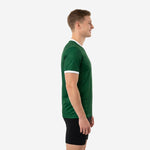 Mens custom training jersey in Forest Green showing white sleeve cuff trim and athletic cut, left side view