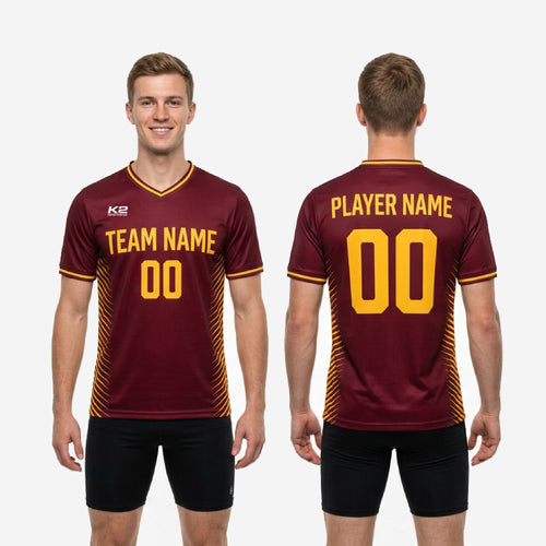 Mens custom training jersey maroon and Athletic Gold back view showing player number and name placement