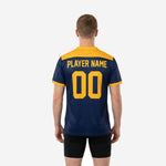 Mens custom training jersey in Navy Blue and Athletic Gold, back view showing player number and surname print placement