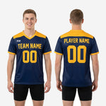 Mens custom training jersey Navy Blue Athletic Gold close-up of sublimated Athletic Gold sleeve cuff band