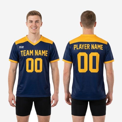 Mens custom training jersey Navy Blue Athletic Gold close-up of sublimated Athletic Gold sleeve cuff band