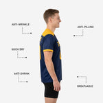 Mens custom training jersey Navy Blue Athletic Gold close-up of V-neck and shoulder panel colorblock detail