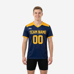 Mens custom training jersey in Navy Blue and Athletic Gold, front view showing team name and number sublimated on chest