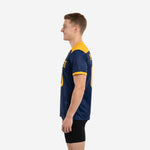Mens custom training jersey in Navy Blue and Athletic Gold, right side view showing back name and number sublimation