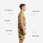 Matching desert digital camo custom soccer shorts in sand with player number on shorts leg and elastic waistband
