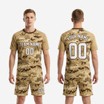 Mens digital camo custom soccer uniform back view showing player surname and back number sublimated in sand and chocolate brown kit