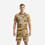 Mens digital camo custom order soccer uniforms in sand and chocolate brown, front view showing team name and number on jersey and matching shorts