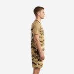 Mens desert digital camo custom soccer uniform side view showing raglan sleeve construction and matching camo shorts in sand