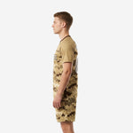 Mens custom order soccer uniforms in sand digital camo pattern, right side view with crew neckline chocolate brown trim detail