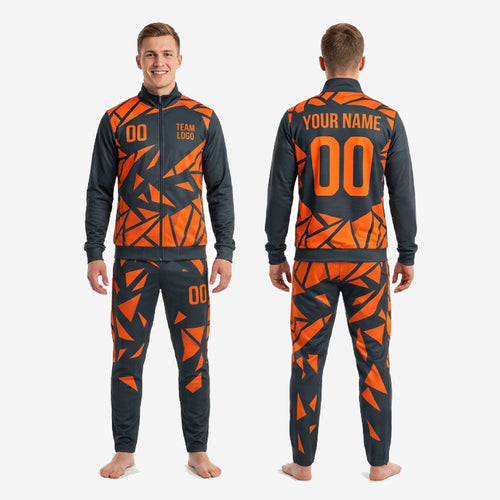 Complete 2-piece mens geometric custom orange soccer tracksuit set in Athletic Orange and Charcoal for club and squad orders