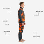 Tapered track pants detail of the geometric custom orange soccer tracksuit showing thigh number print zone