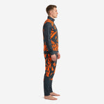 Mens geometric custom orange soccer tracksuit side view showing full-length tapered pants and stand-collar jacket