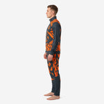 Mens geometric custom orange soccer tracksuit opposite side view showing sublimation print coverage on jacket and pants