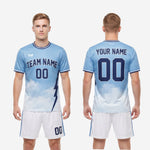 Back view of mens custom light blue soccer uniform showing player name and number print placement