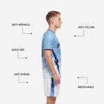 White soccer shorts with navy lightning bolt side stripe matching the light blue jersey