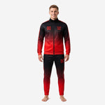 Mens gradient custom red and black soccer tracksuit full set front view with chest number and team logo print zones