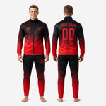 Full 2-piece mens red and black soccer tracksuit set showing matched gradient direction across jacket and pants