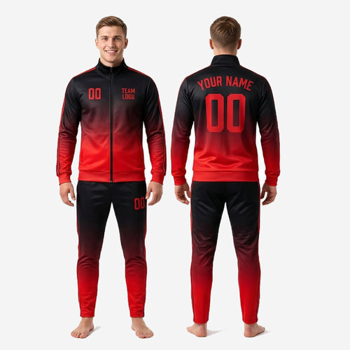 Full 2-piece mens red and black soccer tracksuit set showing matched gradient direction across jacket and pants