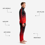 Custom printed track pants in black to red gradient with twin stripe and thigh number print zone