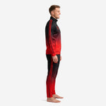 Mens red and black soccer tracksuit side view showing black to fire red gradient fade and twin stripe sleeve detail