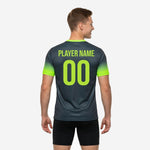 Close-up of Neon Green gradient sleeve cuff detail on mens custom soccer training jersey in Graphite