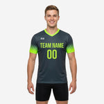 Mens gradient custom soccer practice jersey in Graphite and Neon Green, front view showing team name and number print zones