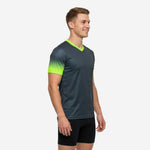 Mens Graphite and Neon Green soccer practice jersey side view showing gradient sleeve from shoulder to cuff