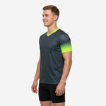 Custom mens soccer practice jersey in Graphite with Neon Green gradient sleeves, right side angle showing V-neck trim detail
