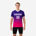Mens gradient pink soccer training jersey in Royal Purple to Hot Pink with white V-neck trim and sublimated team name and number, front view