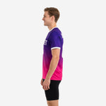 Right side view of mens gradient pink soccer training jersey with full-dye sublimated print from collar to hem in purple and hot pink