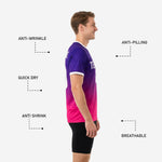 Back view detail of mens pink and purple soccer training jersey showing sublimated player name and number in white on gradient background