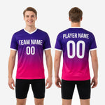 Full body view of mens custom gradient pink soccer training jersey in Royal Purple and Hot Pink with athletic cut and white contrast trim