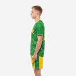 Mens green soccer uniforms right side view showing full-dye camo jersey and player number on Athletic Gold shorts leg