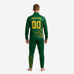 Custom green and gold soccer tracksuit jacket detail showing stand collar, full-zip front, and chest logo print zone