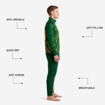 Custom green and gold soccer tracksuit pants detail showing Athletic Gold leaf print on tapered leg and elastic waistband