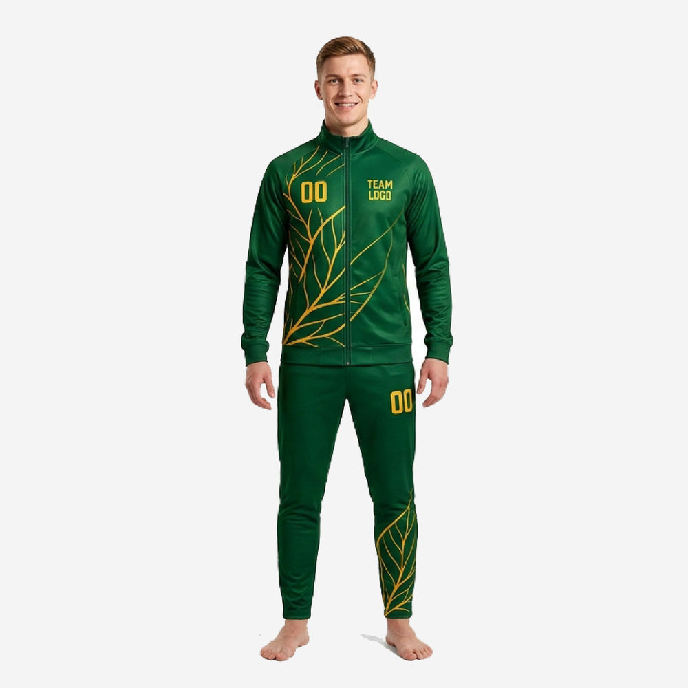 Mens Leaf Custom Green and Gold Soccer Tracksuit Set