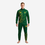Mens green and gold soccer tracksuit set front view showing full-zip jacket and tapered pants with Athletic Gold leaf-vein sublimation print