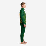 Mens green and gold soccer tracksuit side view left showing raglan sleeve and continuous leaf print from jacket to pant leg