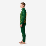 Mens green and gold soccer tracksuit side view right showing tapered pant ankle and edge-to-edge Forest Green sublimation