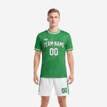 Mens green soccer uniforms front view, custom Kelly Green sublimated jersey and white shorts with green side panels